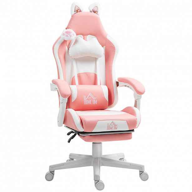 HOMCOM GAMING židle Ergonomická herní židle s bederní opěrkou, opěrkou nohou, růžová