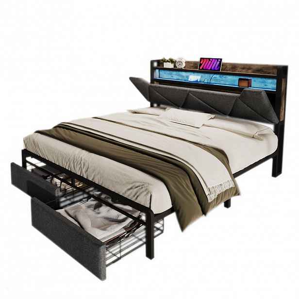 Modfu ČALOUNĚNÁ postel z lněné tkaniny 160x200 cm šedá s LED osvětlením, USB-C, úložným čelem a 2 zásuvkami