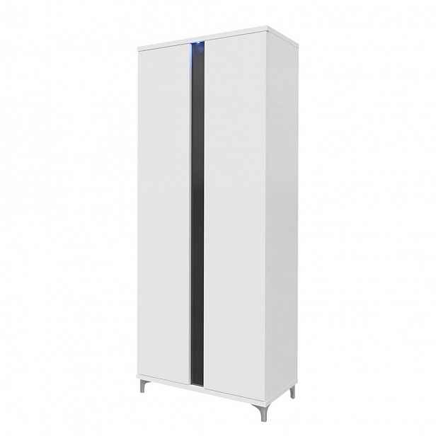 Šatní skříň 90 cm s LED osvětlením BANTRY - bílá / lesklá bílá / lesklá černá