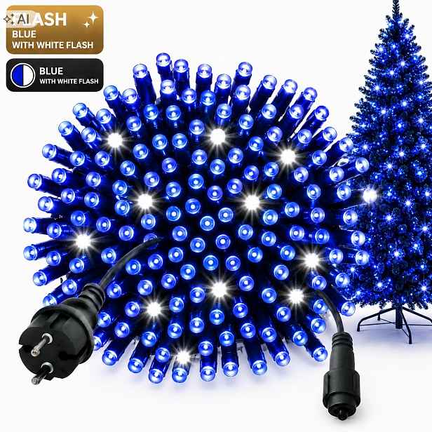 Vánoční Osvětlení Na Stromeček 1000 Led 70 M Modré Bílý Flash IP44 Zelený Kabel