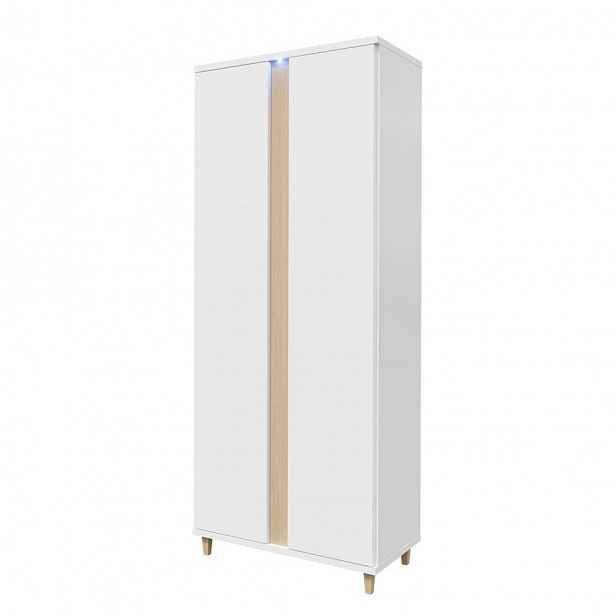 Šatní skříň 90 cm s LED osvětlením BANTRY - bílá / lesklá bílá / přírodní dýha