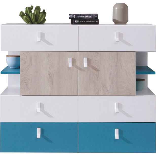 MASSENO KOMODA ISEO, 110/90/40 cm s 6 zásuvkami a 4 dvířky, bílá