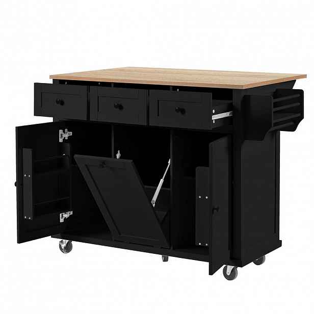 Redom KUCHYŇSKÝ ostrůvek 112/46,2-76,2/92,7 cm s výsuvnou pracovní deskou, úložným prostorem na odpad a kolečky, Černá/Přírodní