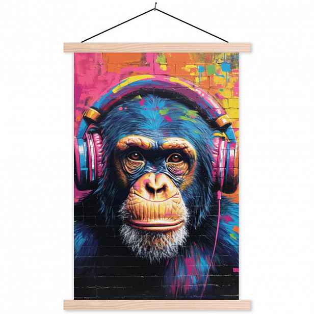 MuchoWow PLAKÁT S MAGNETICKOU LIŠTOU Graffiti - Šimpanz - Street art - Sluchátka - Opice 60x90 cm