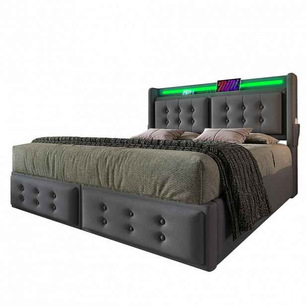Modfu ČALOUNĚNÁ postel z bavlněno-lněné tkaniny 140x200 cm šedá s LED, USB-C, 4 zásuvkami a matrací