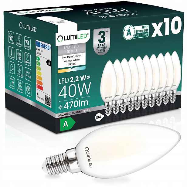 10x Led Žárovka E14 Filament Třída A 2,2W 470LM 40W 4000K 360° Svíčka