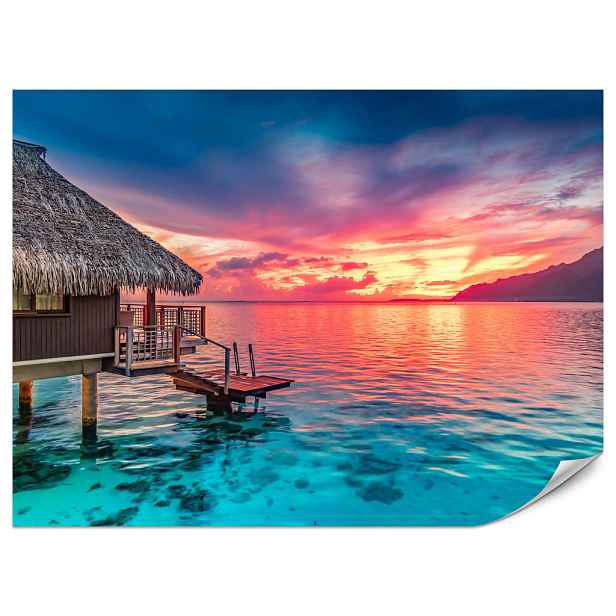 Muralo FOTOTAPETA do Obývacího Pokoje Západ Slunce Oceán Dřevěná Chata 450x315
