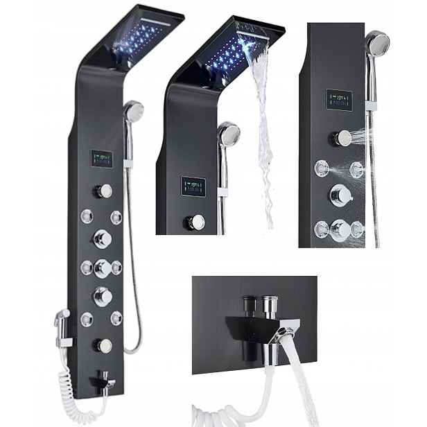 Led sprchový panel hydromasážní sprcha vodopád displej Černá