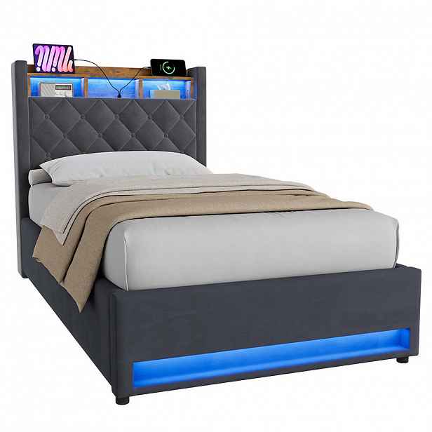 STILVORA ČALOUNĚNÁ POSTEL 90/190 cm s úložným prostorem a zásuvkou, boxspringová postel s USB a LED osvětlením