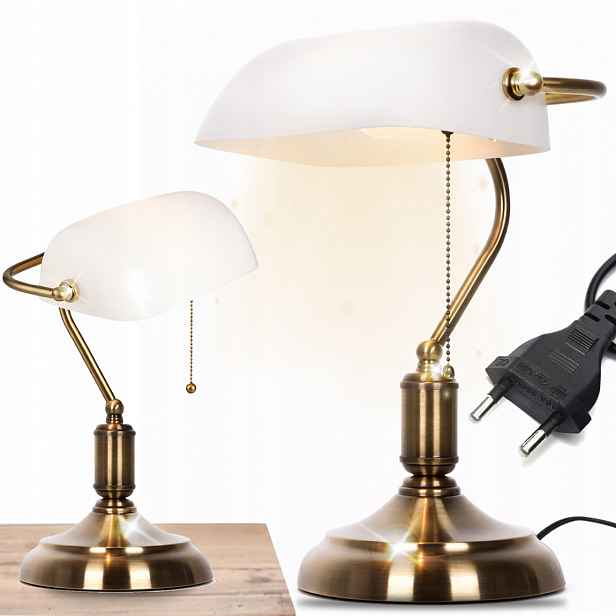 Stolní Lampa Vintage Bankéřská Noční Bílá Skleněná Stínidlo Retro E27