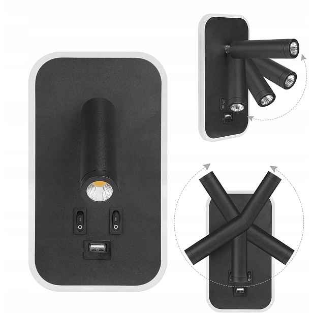 Led Nástěnná Lampa Do Postele 13W S Možností Nastavení Úhlu Přes Usb, Moderní Černá