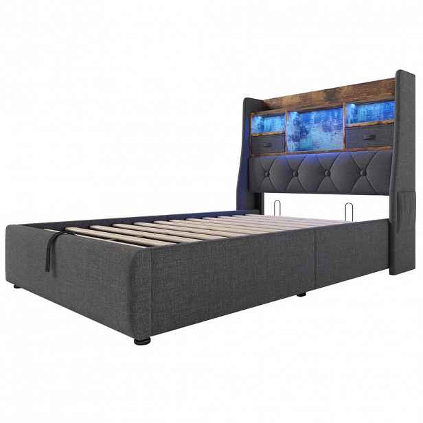 Modfu ČALOUNĚNÁ postel z lnu 90x200 cm šedá s LED osvětlením, USB a Type-C porty, úložným prostorem a matrací
