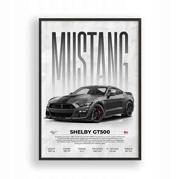 Obraz Auto Ford Mustang Shelby GT500 Rámeček Dřevěný Černý 30x42 cm
