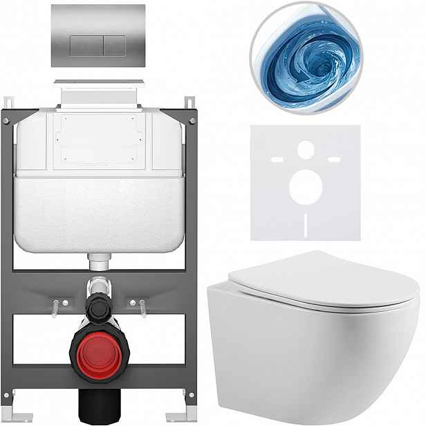 Kompletní WC set Basic/Cesso - bílá lesklá - WC tlačítko Modulo/Stříbrná - ovládání shora - předstěnová instalace - 49x36 cm - 8050BD86010