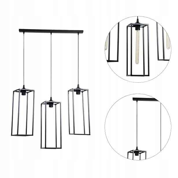 Kovová stropní závěsná lampa Loft 3 geometrická stínidla Černá e27