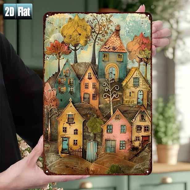 TEMU 2D plochá cínová cedule - 2D plochá kovová cínová cedule s hravým vesničkým , barevnými domy a podzimními stromy, o rozměrech 8"X12" (20 cm*30