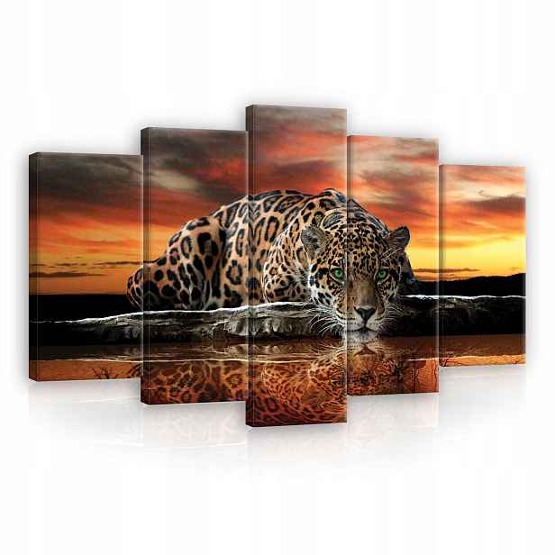 Obraz Do Ložnice Tygr Jaguar Lev Safari Pentaptik Na Plátně XXL 100x60