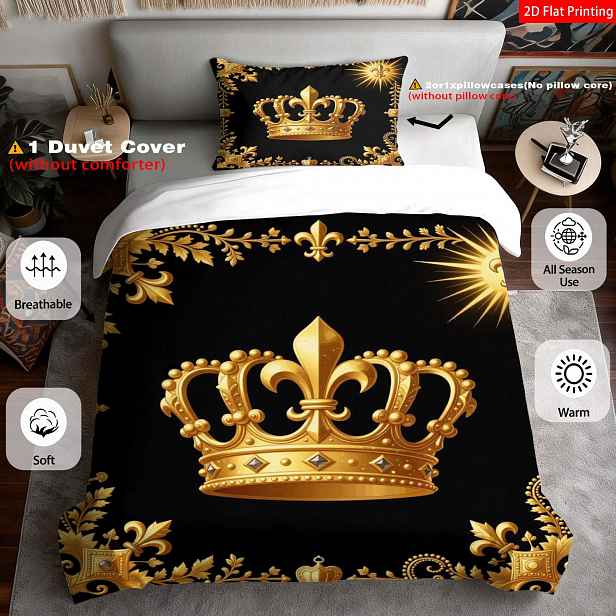 TEMU 2/3ks 2D Plochý Tisk Luxusní Královský Styl & Téma Povlečení na Přikrývku Černá & Zlatá Barva Vintage Ornamentální se Slunečním Designem Vhodné