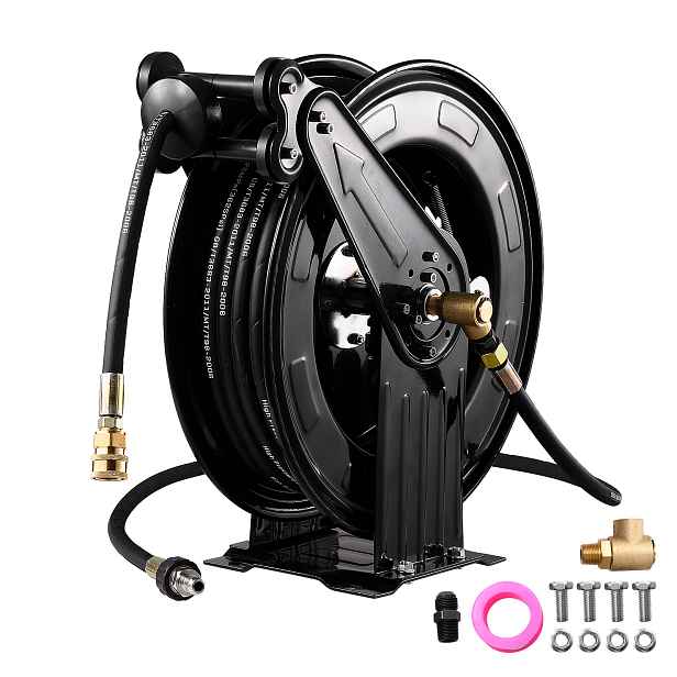 TEMU Naviják na hadici pro tlakové myčky, 0,59 palce ocelový dvouramenný automatický navíjející se zahradní cívka s odolnou hadicí 4 000 PSI,