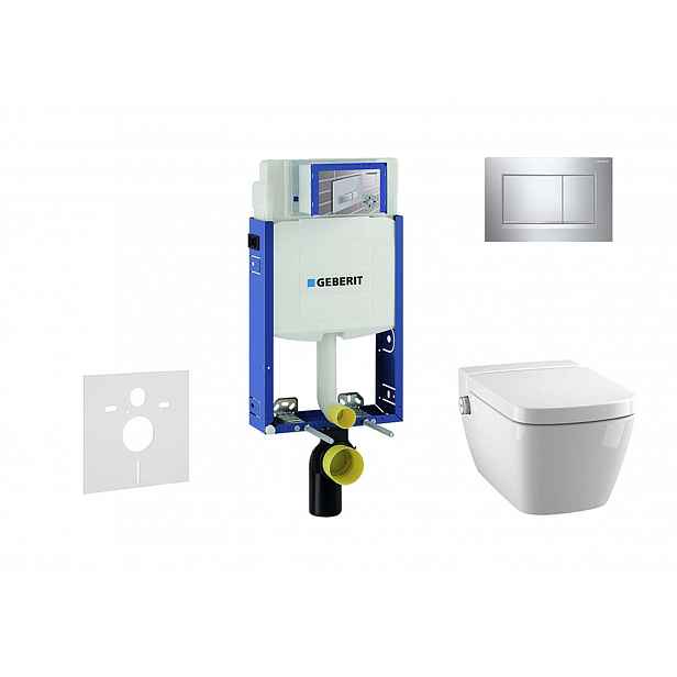 Geberit Kombifix - Modul pro závěsné WC s tlačítkem Sigma20, lesklý chrom/chrom mat + Tece One - sprchovací toaleta a sedátko, Rimless, SoftClose 110.