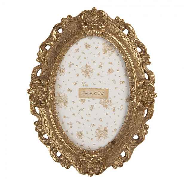 Zlatý antik oválný fotorámeček se zdobením - 16*2*21 cm / 10*15 cm Clayre & Eef
