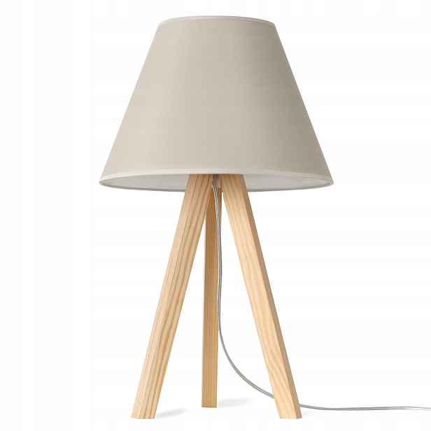 Noční Lampa Na Stůl, Robustní Dřevěná Trojnožka Se Stínítkem, Béžová, Kašmírová