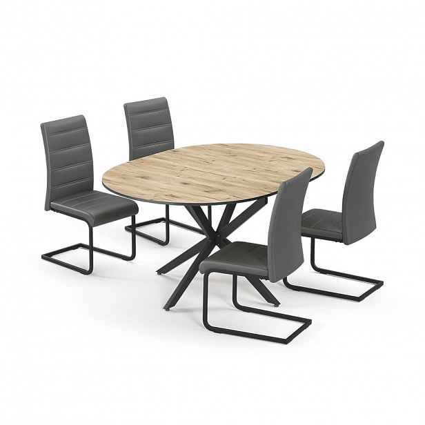 Vicco JÍDELNÍ STŮL SESTAVA Loyd, Rustikální dub/Černá, 120 x 120 cm se 4 jídelními židlemi, šedé
