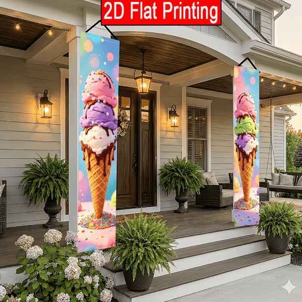 TEMU 2D Ploché, 2 ks 2D Ploché Dveřní Páry s Tématem Cukrárny, Horizontální 30 x 180 cm Polyester, Design Velkého Zmrzlinového Kornoutu, Vhodné pro