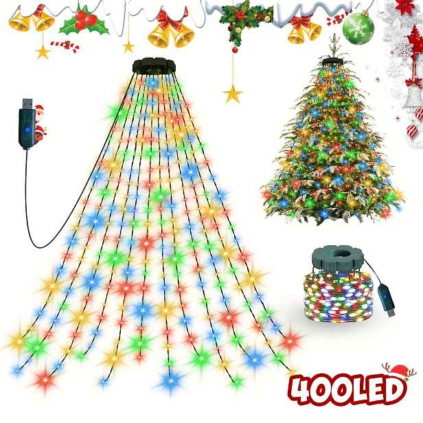TEMU Dekorační světla na vánoční stromeček: 220 LED/400 LED vánoční světelné řetězy, vánoční světla na stromeček nabíjená přes USB s kroužky na