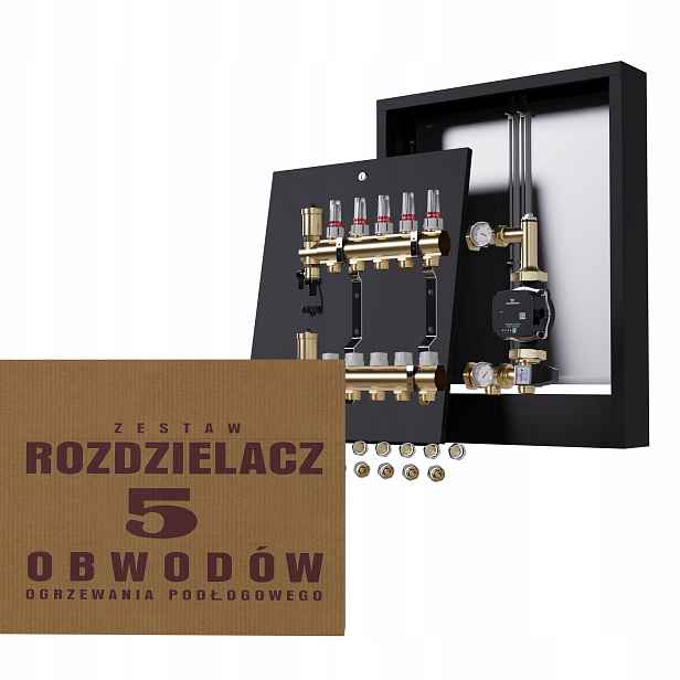 Rozdělovač pro podlahu 5 s spojkami, čerpadlo Grundfos nástěnná černá