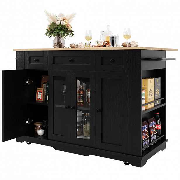 Modfu KUCHYŇSKÝ ostrůvek z MDF a kovu 151,5x60x91,7 cm černý a přírodní se sklopnou deskou, úložným prostorem a tvrzeným sklem