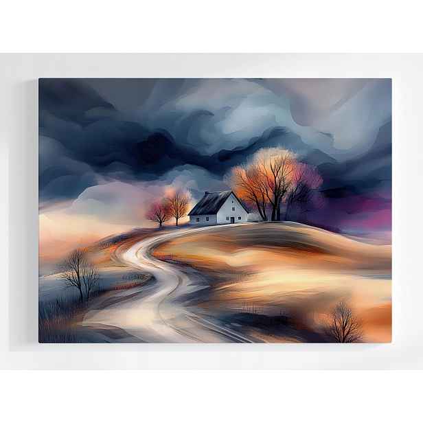 Plakát Krajina Pagórek Vesnice Dům Dřevo Mraky Bouře 100x75
