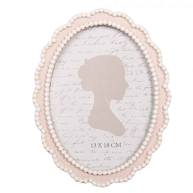 Růžový oválný fotorámeček s bílými perličkami - 16*2*20 cm / 13*18 cm Clayre & Eef