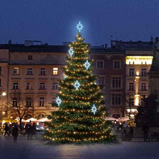 LED světelná sada na vánoční stromy vysoké 9-11 m, teplá bílá s ledově bílými dekory DZ141S3