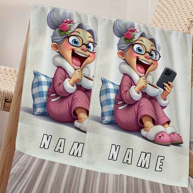TEMU 1 ks, s vlastním jménem, ručník s babičky v kresleném stylu, anime ručník, pruhovaný design, ručník do koupelny, savý a rychleschnoucí ručník,