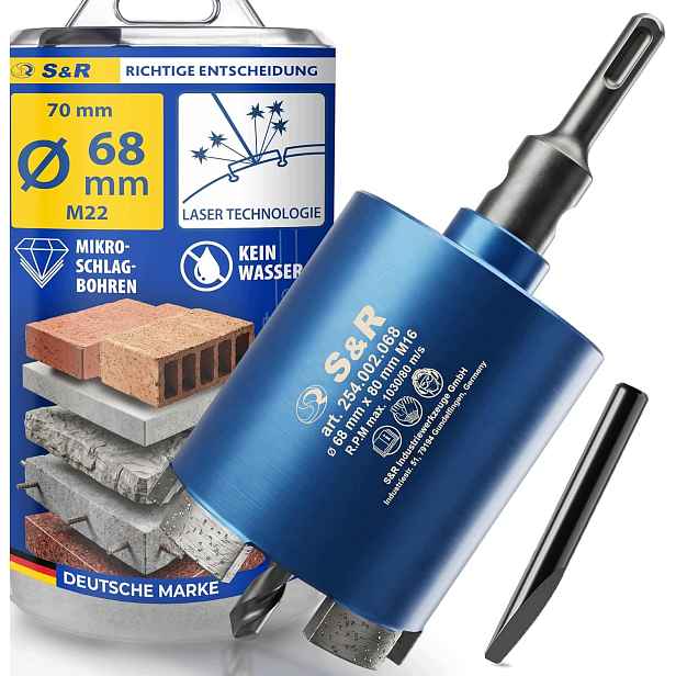 Korunkový Vrták s diamantovou korunkou 68 mm Sds plus S&r Micro Impact sada