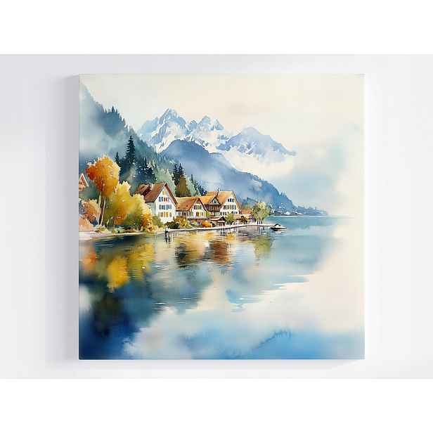 Obraz Na Plátně Canvas Krajina Podzim Hory Alpy Jezero Domky 50x50