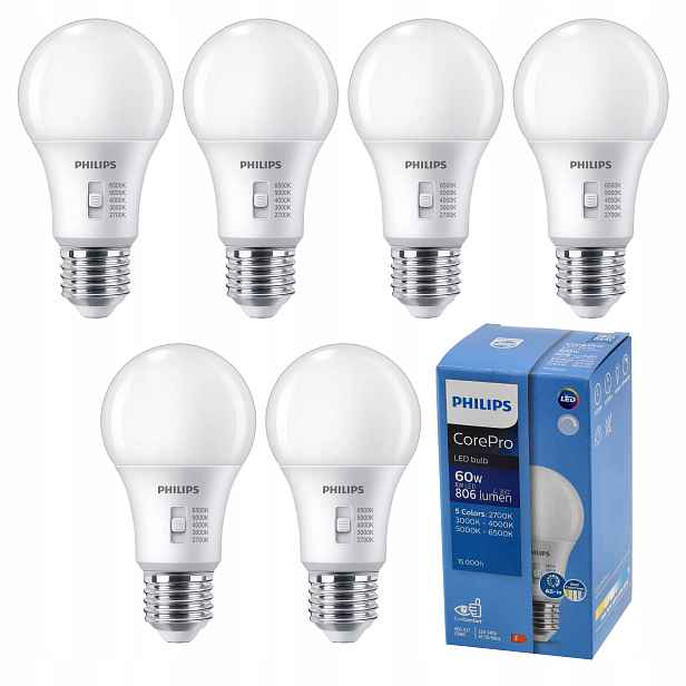 Philips Led žárovky stmívatelné E27 8W 60W 806lm 200° Cct CorePro 230V 6x