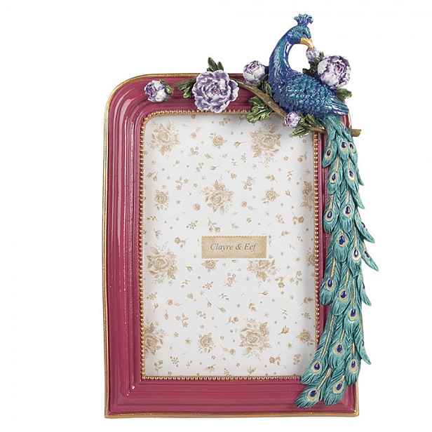 Růžový fotorámeček zdobený květy a pávem - 15*3*22 cm / 10*15 cm Clayre & Eef