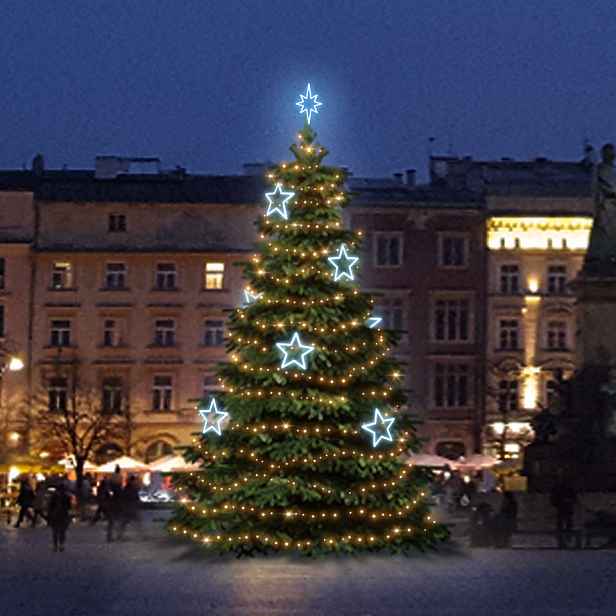 LED světelná sada na vánoční stromy vysoké 9-11 m, teplá bílá s ledově bílými dekory DZ115S1