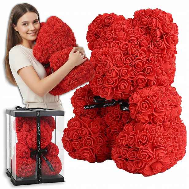 Medvídek z Růží Velký 40CM XXL Červený jako Dárek s Mašličkou Krásný 650 Kvítků