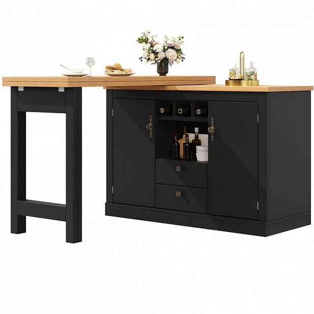 Modfu BAROVÝ stůl z MDF 120-180x40x76 cm černá/přírodní otočný s úložným prostorem a výsuvnou deskou