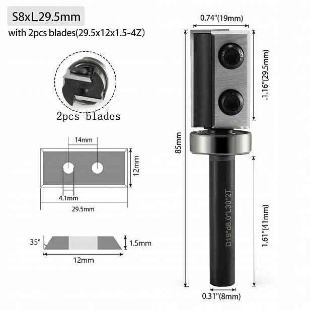 Přímá fréza na dřevo 2P stopka 8 mm průměr 19,05 x 29,5 s ložiskem 1L