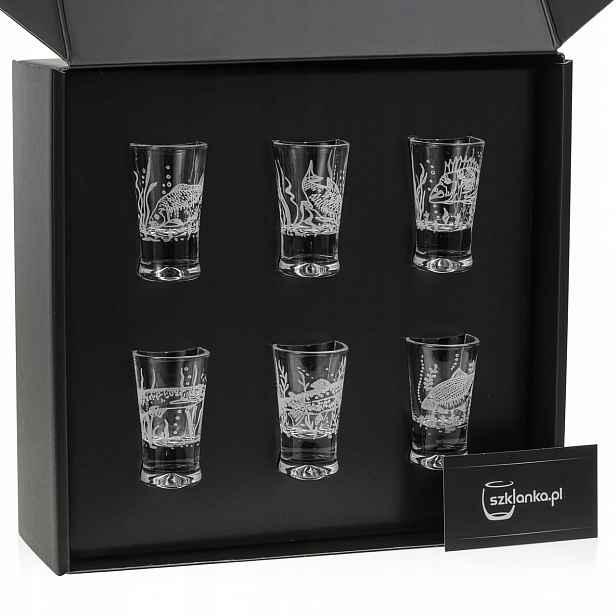 Rybářské sklenice na vodku s gravírováním a zdobením G0090 X-25 ml 6 Ks.