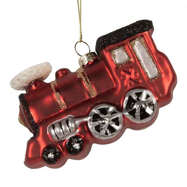 Vánoční skleněná závěsná ozdoba červená mašinka - 10*4*5 cm Clayre & Eef