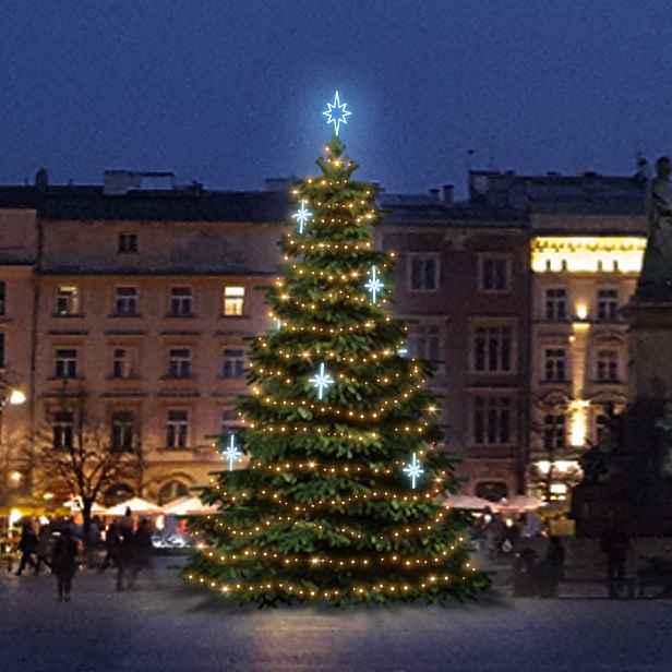 LED světelná sada na vánoční stromy vysoké 9-11 m, teplá bílá s ledově bílými dekory DZ113S3