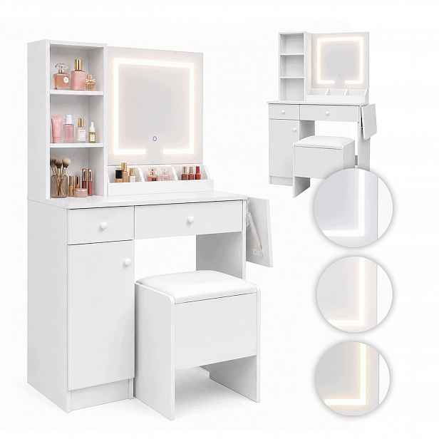Toaletní stolek se zrcadlem a Led osvětlením, taburet, bílý