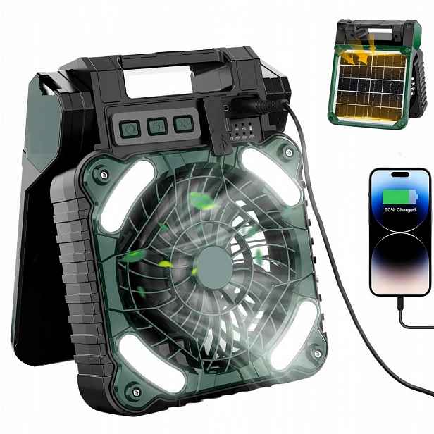 Solární Přenosný Kempingový Větráček Led Lampa 4 Rychlosti Větru