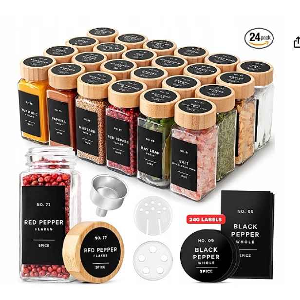 24 x čtvercové sklenice na koření s dřevěným bambusovým víčkem Premium