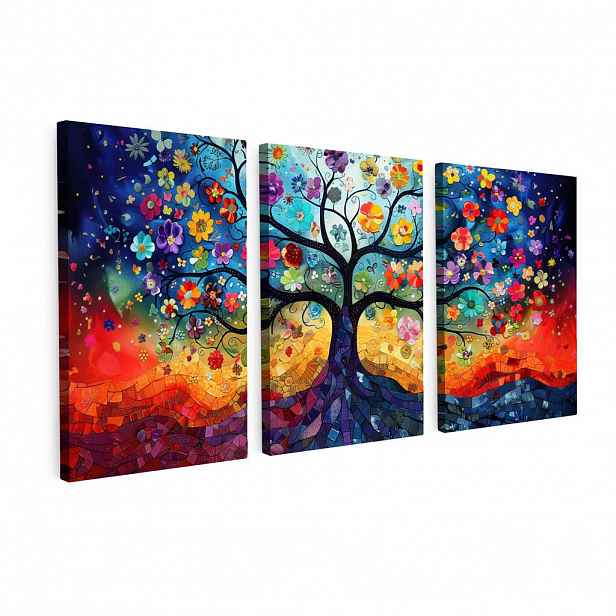 MuchoWow OBRAZ NA PLÁTNĚ 3dílná sada Barevné - Strom života - Květiny - Abstraktní 120x60 cm